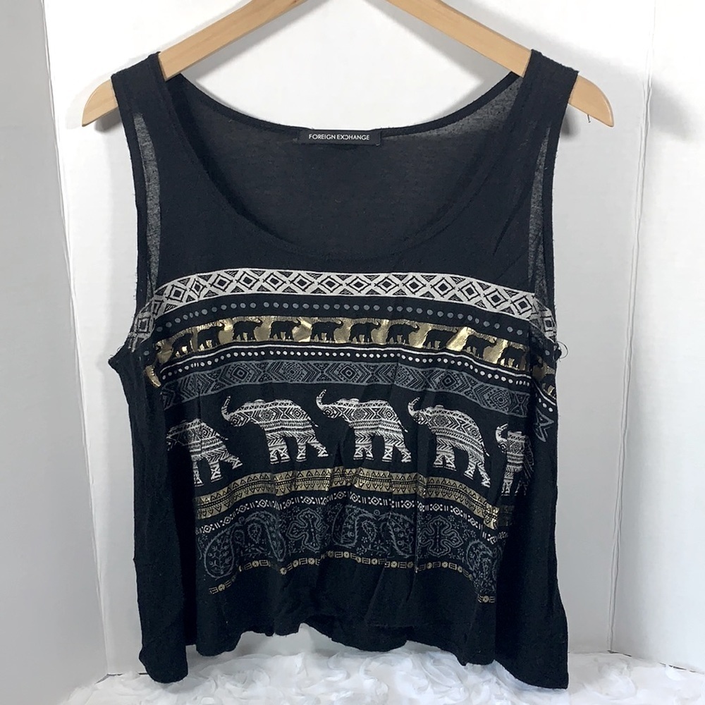 Foreign Exchange Black/Gold/White Elephant Crop Top Sz S, Cotton
